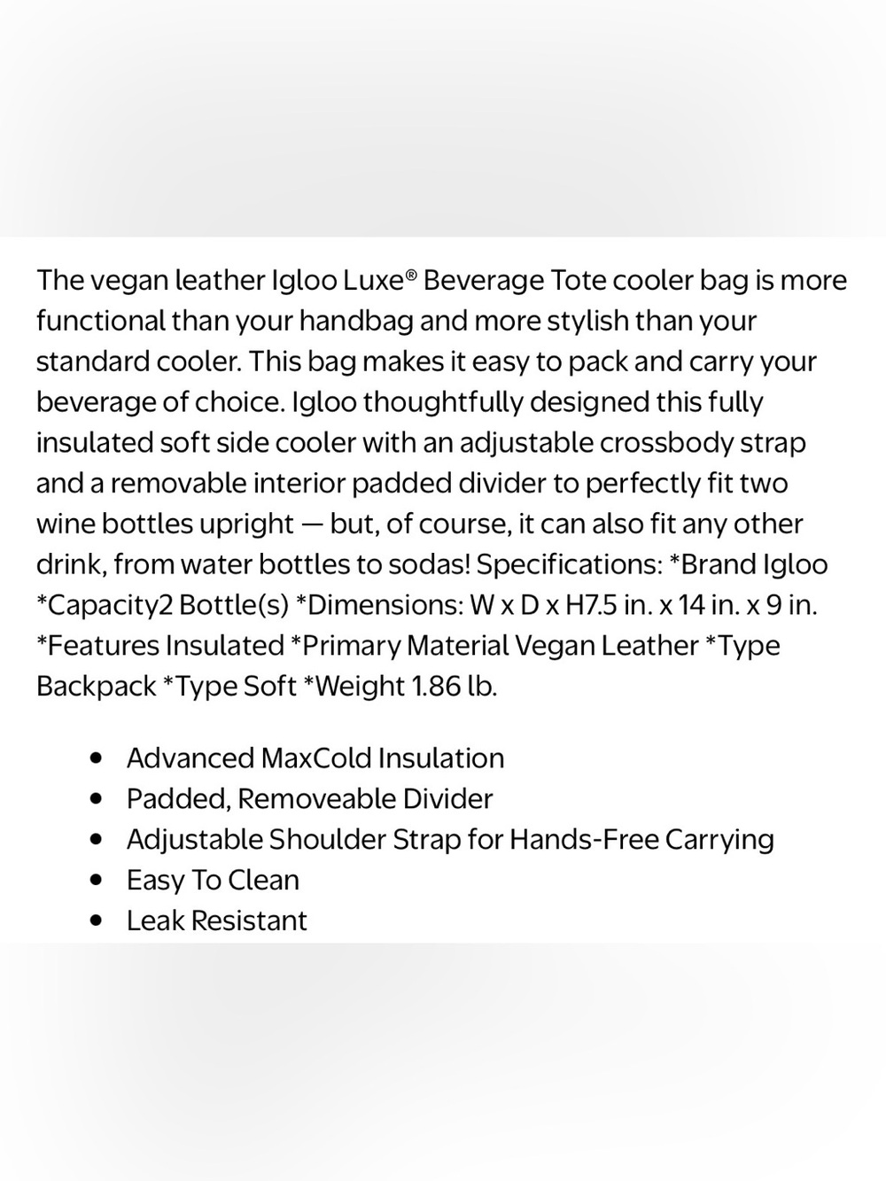 Igloo Luxe Collection Beverage
Tote, MaxCold Insulation, Removable Divider - Picture 4 of 8